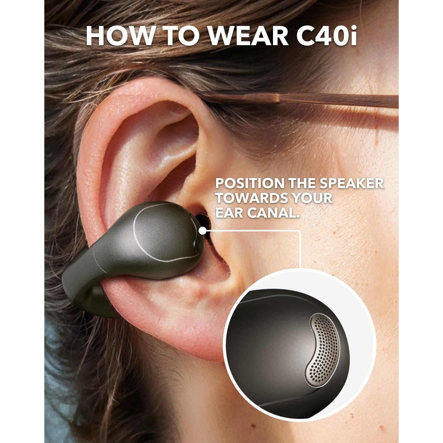 Soundcore C40i Open-Ear Clip-On Earbuds – Lightweight, Flexible Joint Design, Button Controls, Attachable Ear Grips, Expansive Drivers for Clear Sound