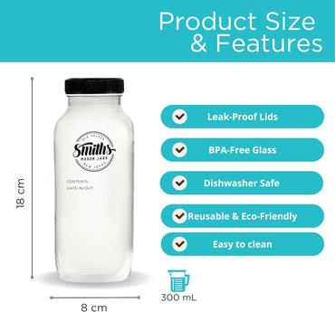 Smiths Mason Jars Pack of 6 500ml Square Glass Bottles with Leak‑Proof Lids, Tags & Pen – Ideal for Smoothies, Juice & Milkshakes