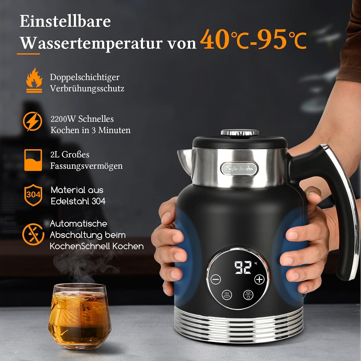 Taylor Swoden 2L Double-Walled Stainless Electric Kettle with Precise Temp