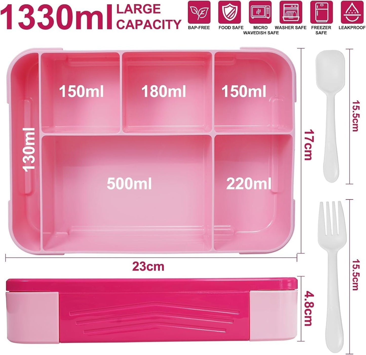 Laspi Pink 1300ml Bento Lunch Box with Cutlery, 3 Compartments