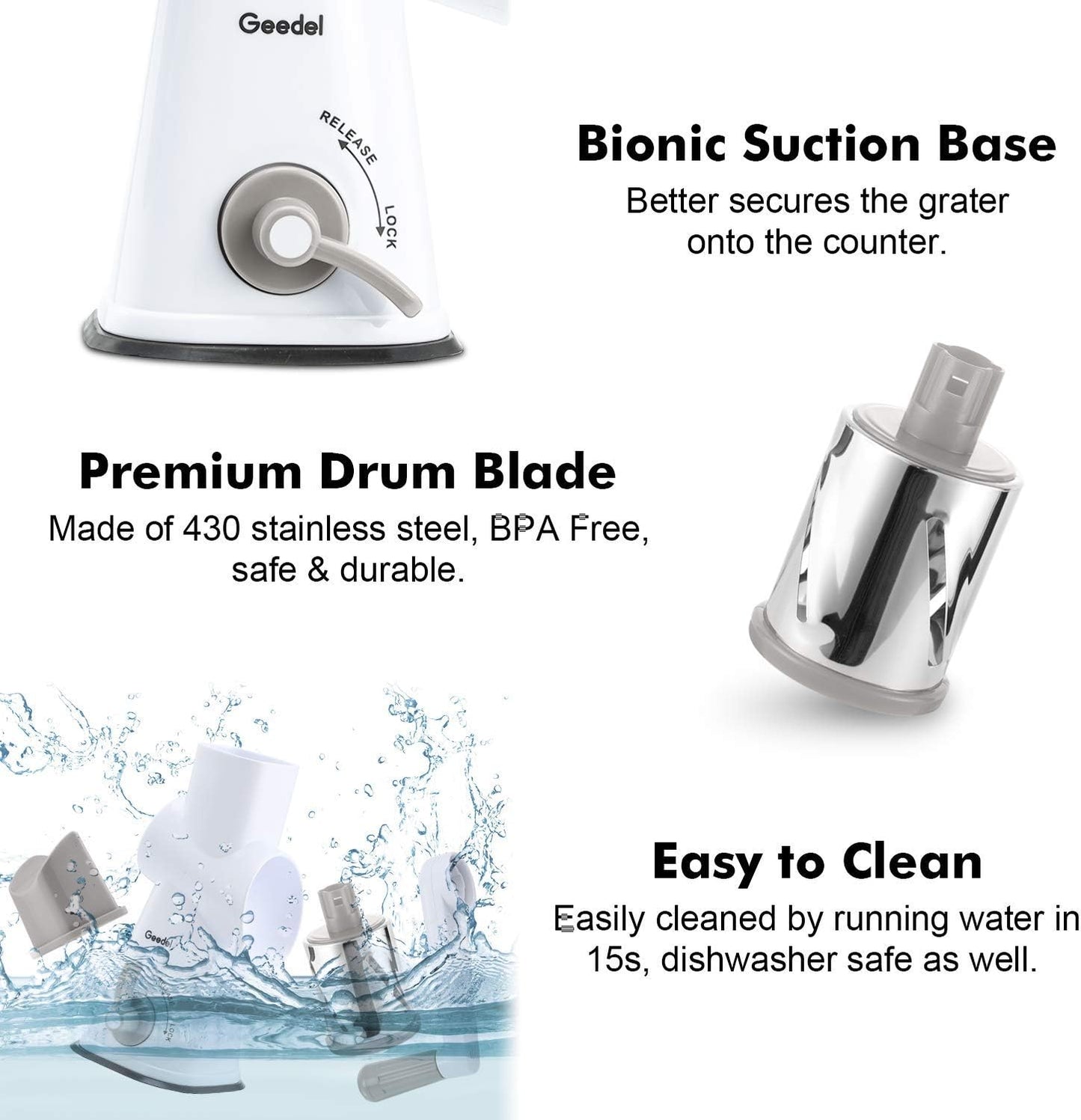 Rotary Cheese Grater with 3 Detachable Drum Blades, Dishwasher Safe