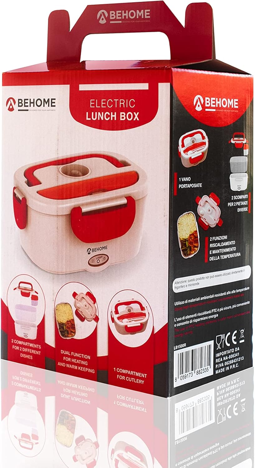 BEHOME 1.5L Electric Lunch Box with Dual Containers Red