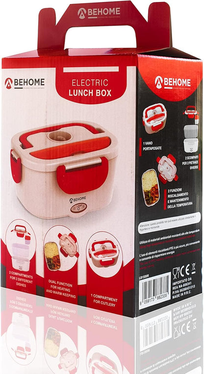 BEHOME 1.5L Electric Lunch Box with Dual Containers Red