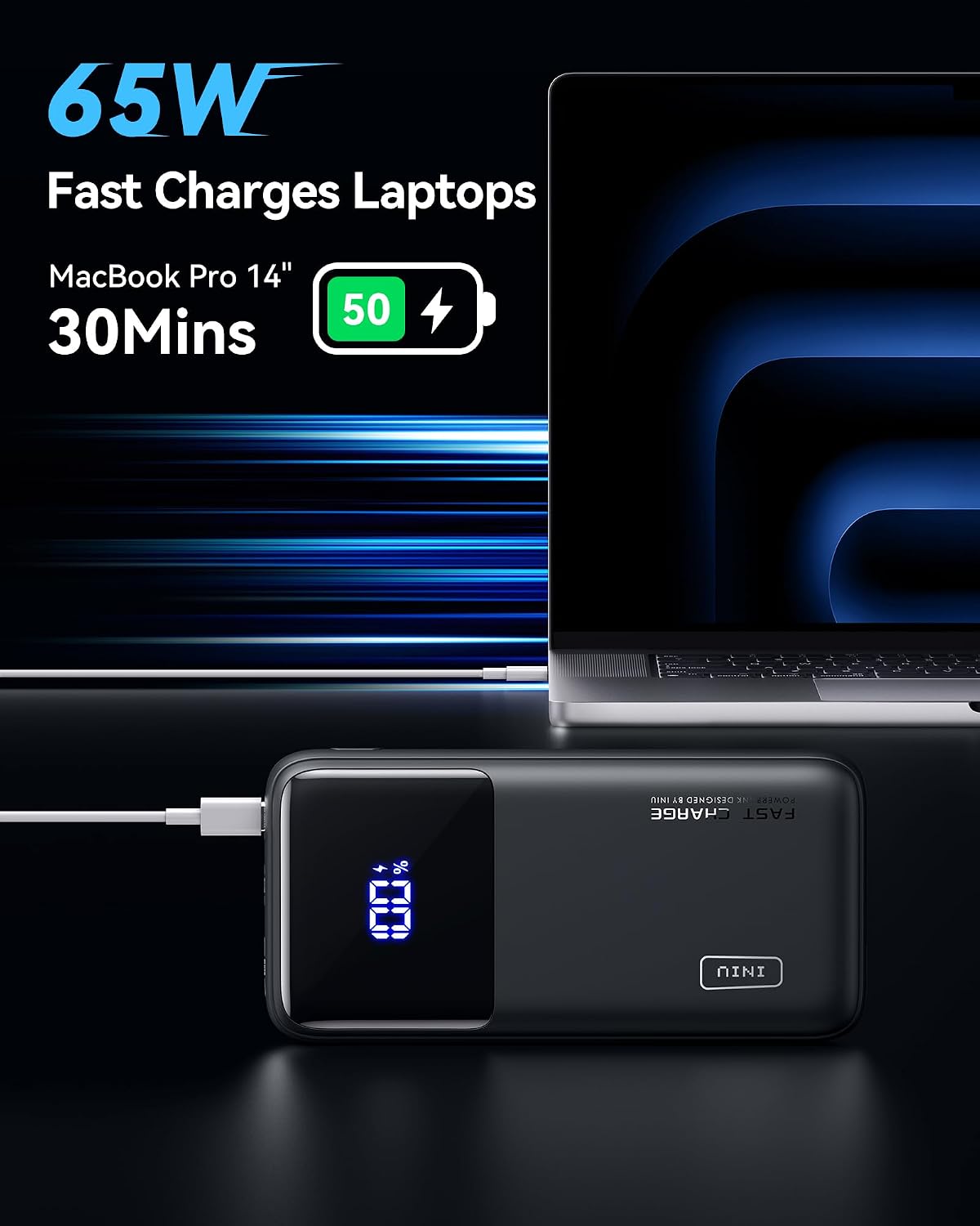 INIU BI-B62 Laptop Power Bank 20000mAh 65W Fast Charging Black