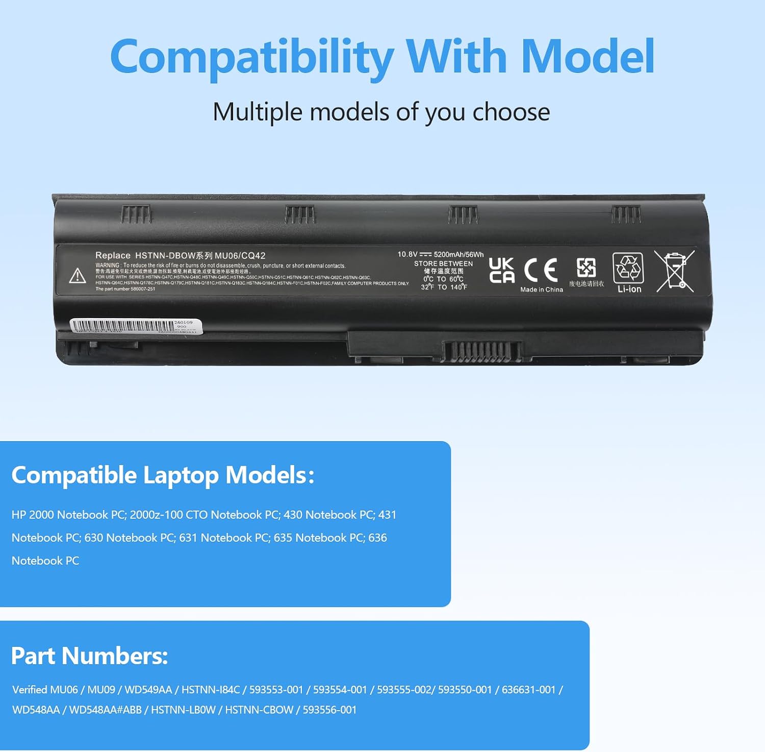 Wikinu MU06 5200 mAh 11.1V 58 Wh Replacement Laptop Battery for HP G62 Pavilion G6 G7