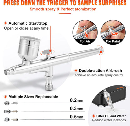 VEVOR Portable Airbrush Kit with Compressor, Dual-Action Gravity Feed, Multi-Purpose