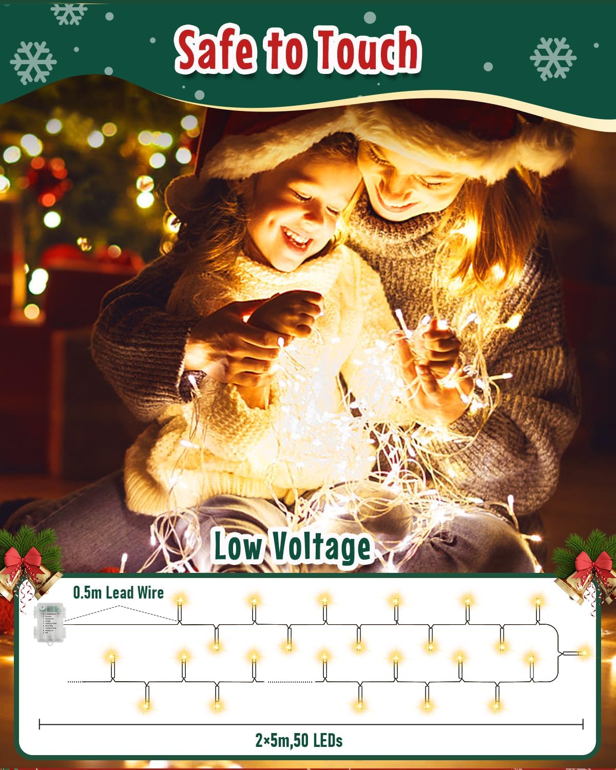 Opard Battery Fairy Lights 2-Pack 50 LEDs 5 m 8 Modes Timer IP65 Warm White
