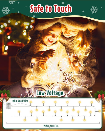 Opard Battery Fairy Lights 2-Pack 50 LEDs 5 m 8 Modes Timer IP65 Warm White