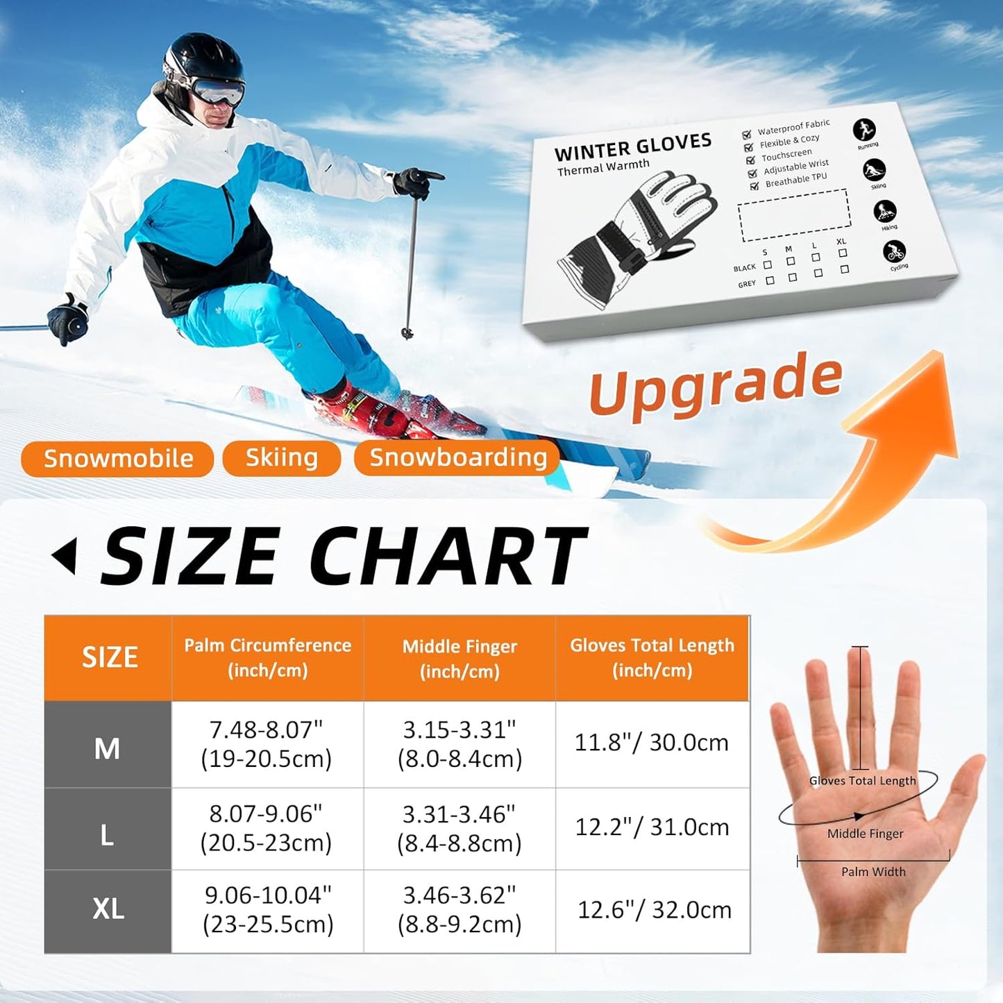 Men's 3M Thinsulate Waterproof Winter Ski Gloves with Touchscreen