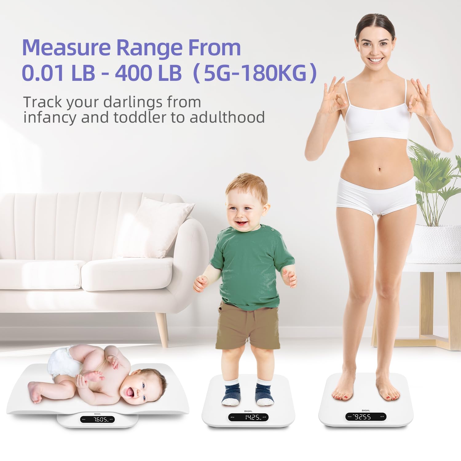 BAGAIL Baby Scale with Removable Tray Automatic Rotating Readings Tare Lock 180 kg