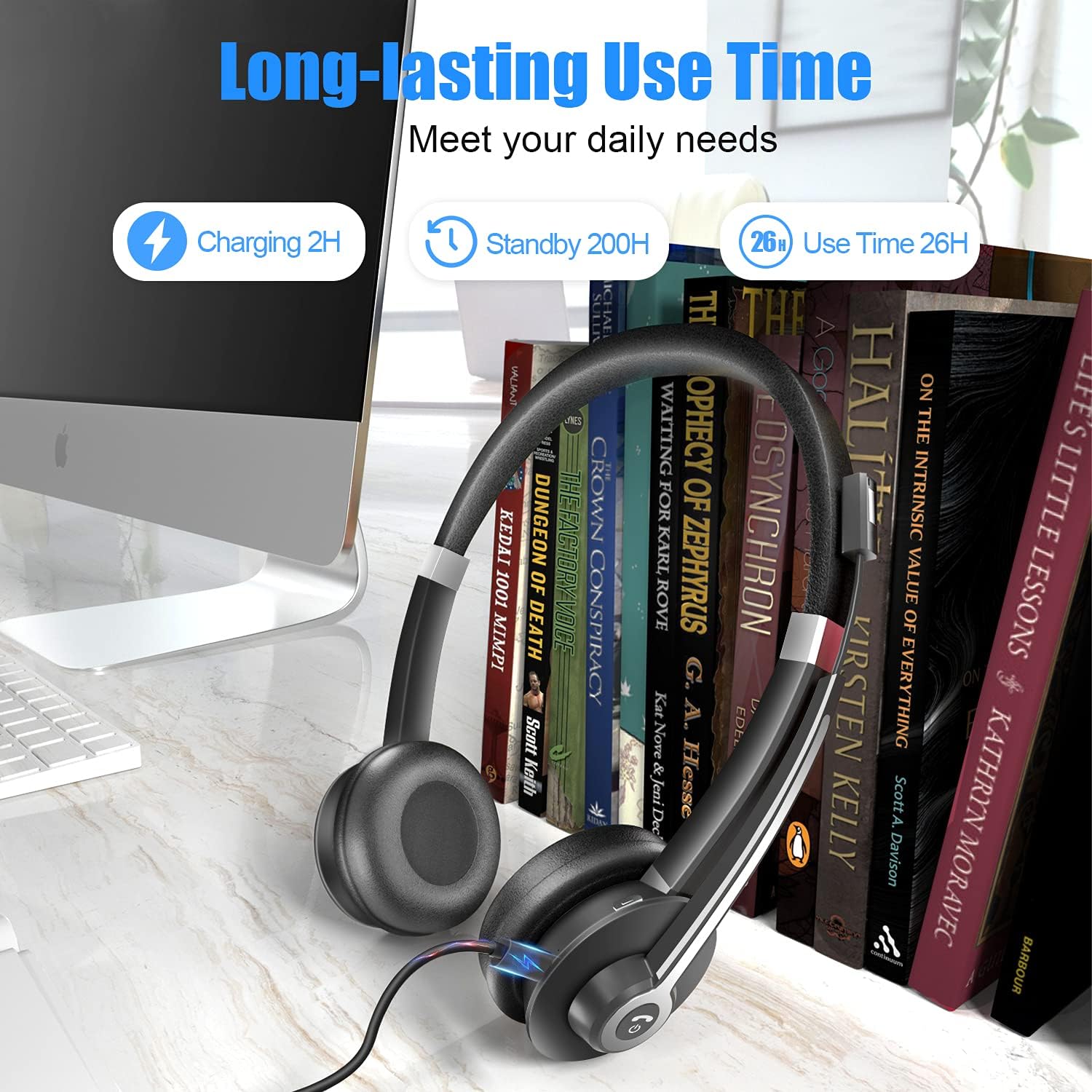 YUWAKAYI Bluetooth Headset V5.0 Noise Canceling Mic Mute 26H Battery Over-Ear Wireless Headphone for Laptop Cell Phone Tablet Call Center Office Black