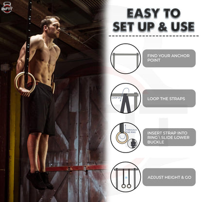 B Fit Wooden Gymnastic Rings with Heavy-Duty Adjustable Straps