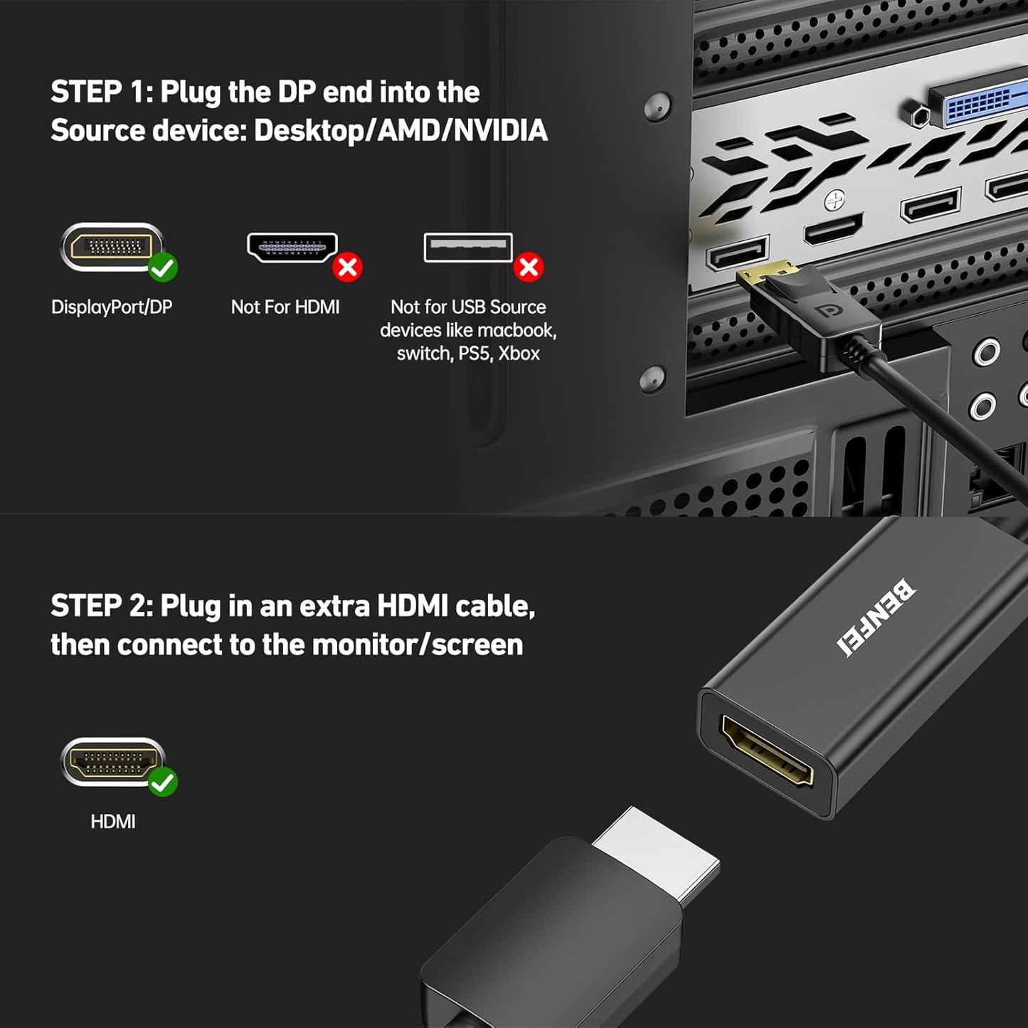 BENFEI DisplayPort to HDMI Adapter Gold-Plated Male to Female 4K 30Hz Black