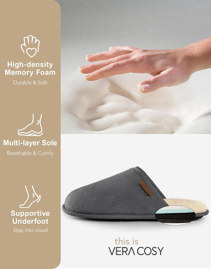 VeraCosy Men's Comfy Corduroy Memory Foam Scuff Slippers with Faux Shearling