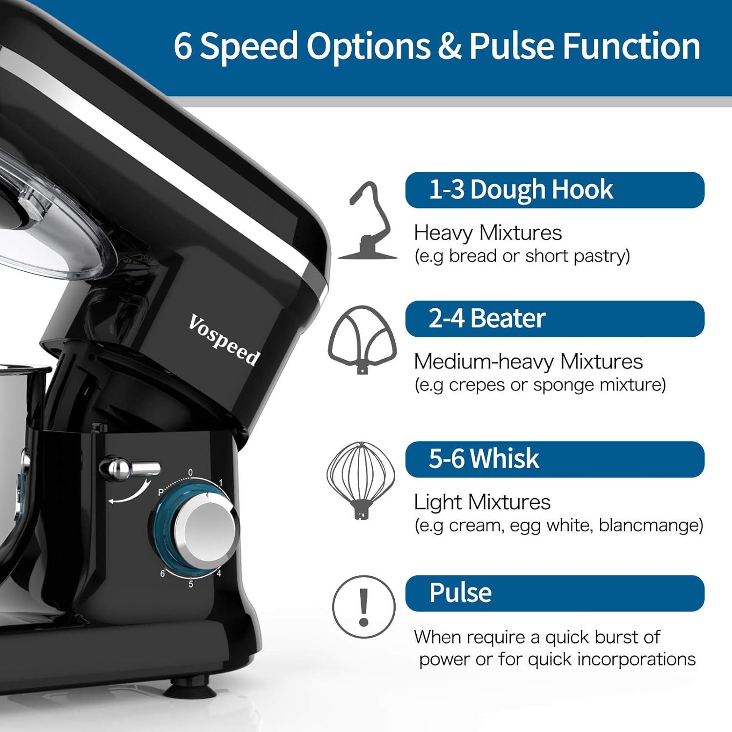 Vospeed 6-Qt Black Stand Mixer with 6 Speeds and Accessories