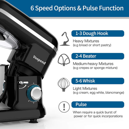 Vospeed 6-Qt Black Stand Mixer with 6 Speeds and Accessories