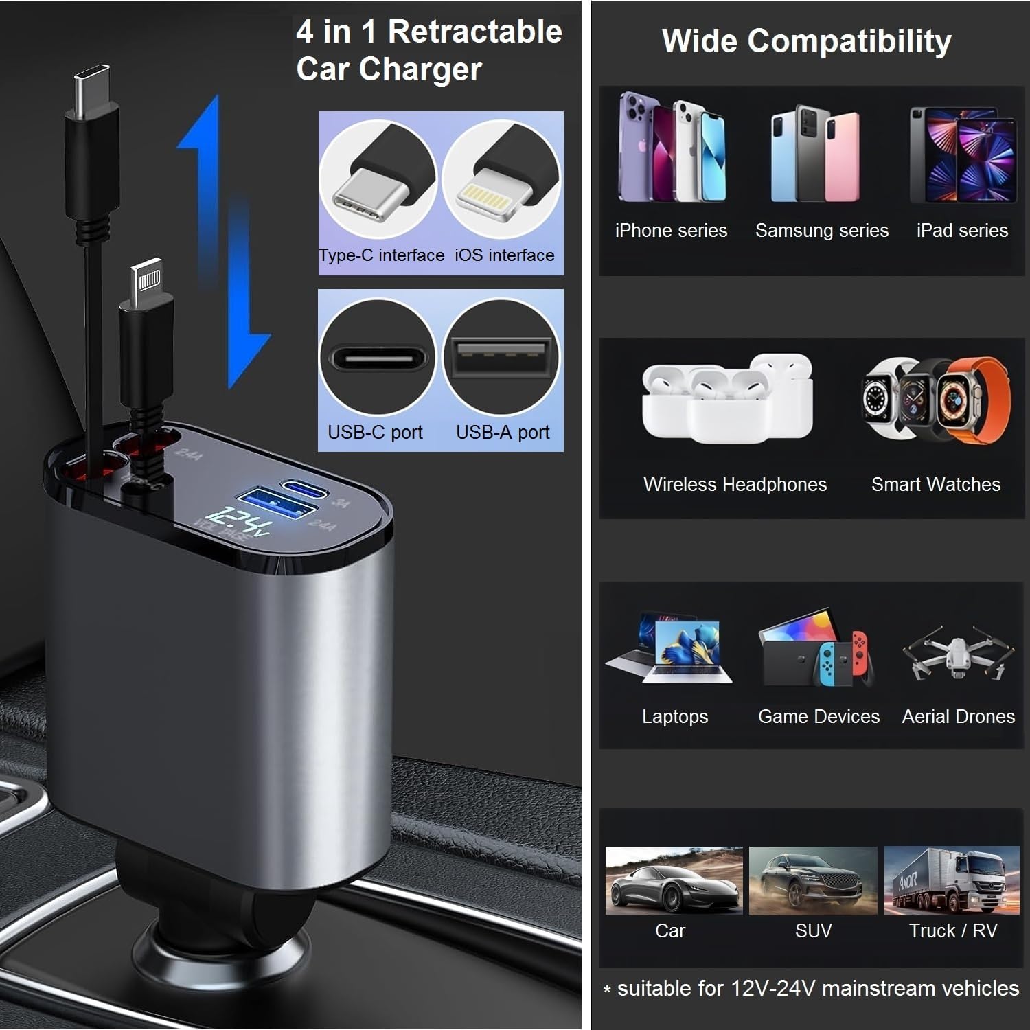 KAMISAFE PT-16 4-in-1 Retractable Car Charger 66W USB-C Lightning Cords Cigarette Lighter Adapter for iPhone 15 14 13 Samsung Galaxy S24 S23 Pixel Tablet