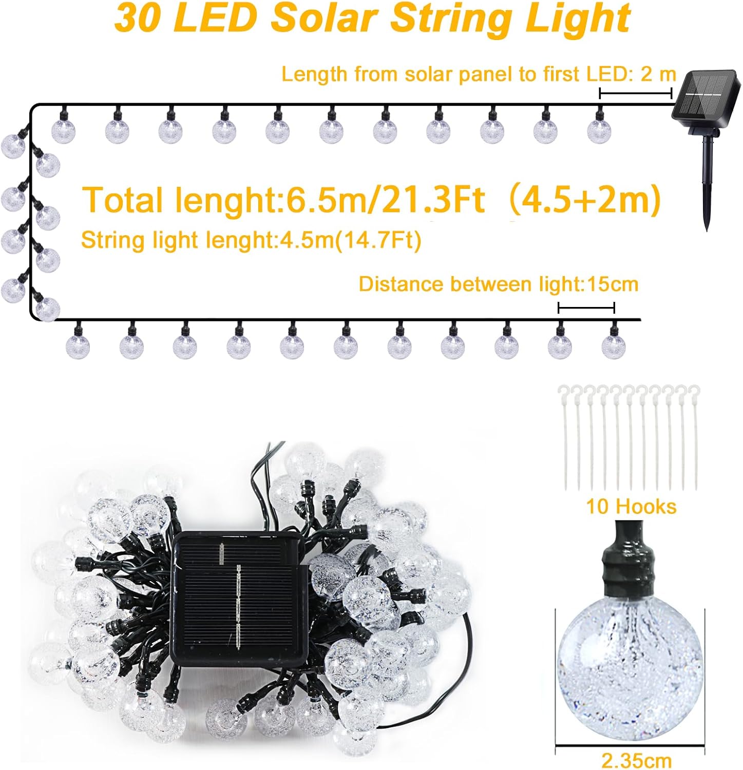 Yogle Solar String Lights Outdoor 6.5m 30 LED Crystal Ball with 8 Modes Timer IP65 Waterproof for Garden Balcony Terrace Trees Weddings Parties Warm White