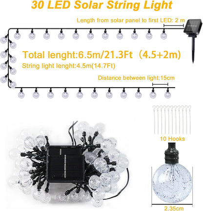 Yogle Solar String Lights Outdoor 6.5m 30 LED Crystal Ball with 8 Modes Timer IP65 Waterproof for Garden Balcony Terrace Trees Weddings Parties Warm White