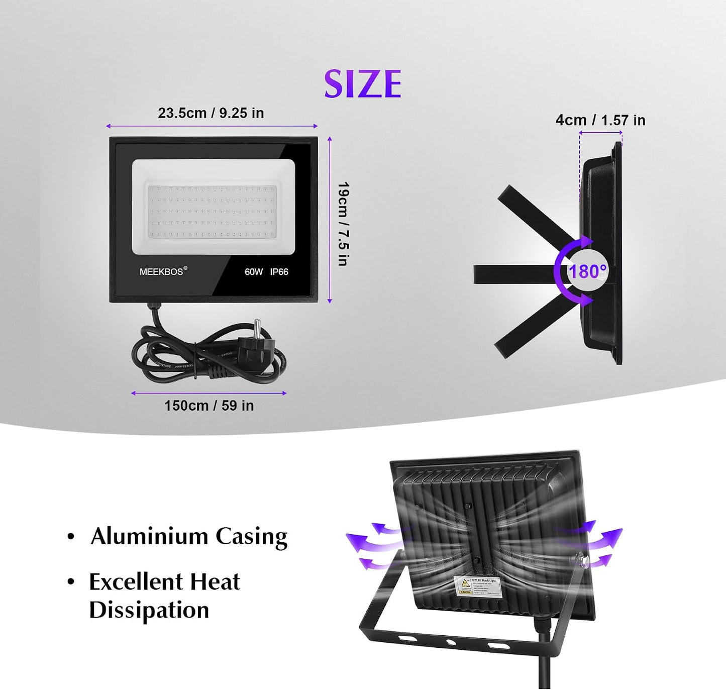 MEEKBOS 60W UV LED Black Light Wall Mount 100 LEDS Clear Finish