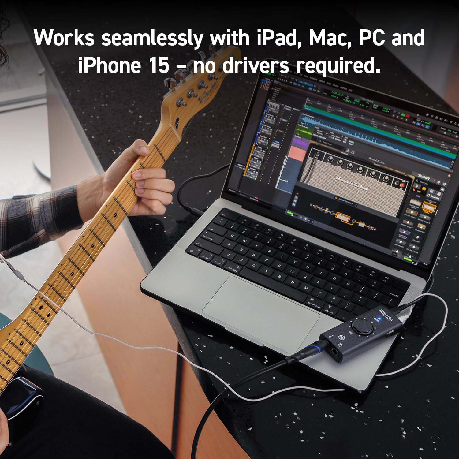 IK Multimedia iRig USB Guitar Audio Interface with 24-bit 48kHz Recording, USB‑C, Headphone & Amp Out, Portable Practice Rig