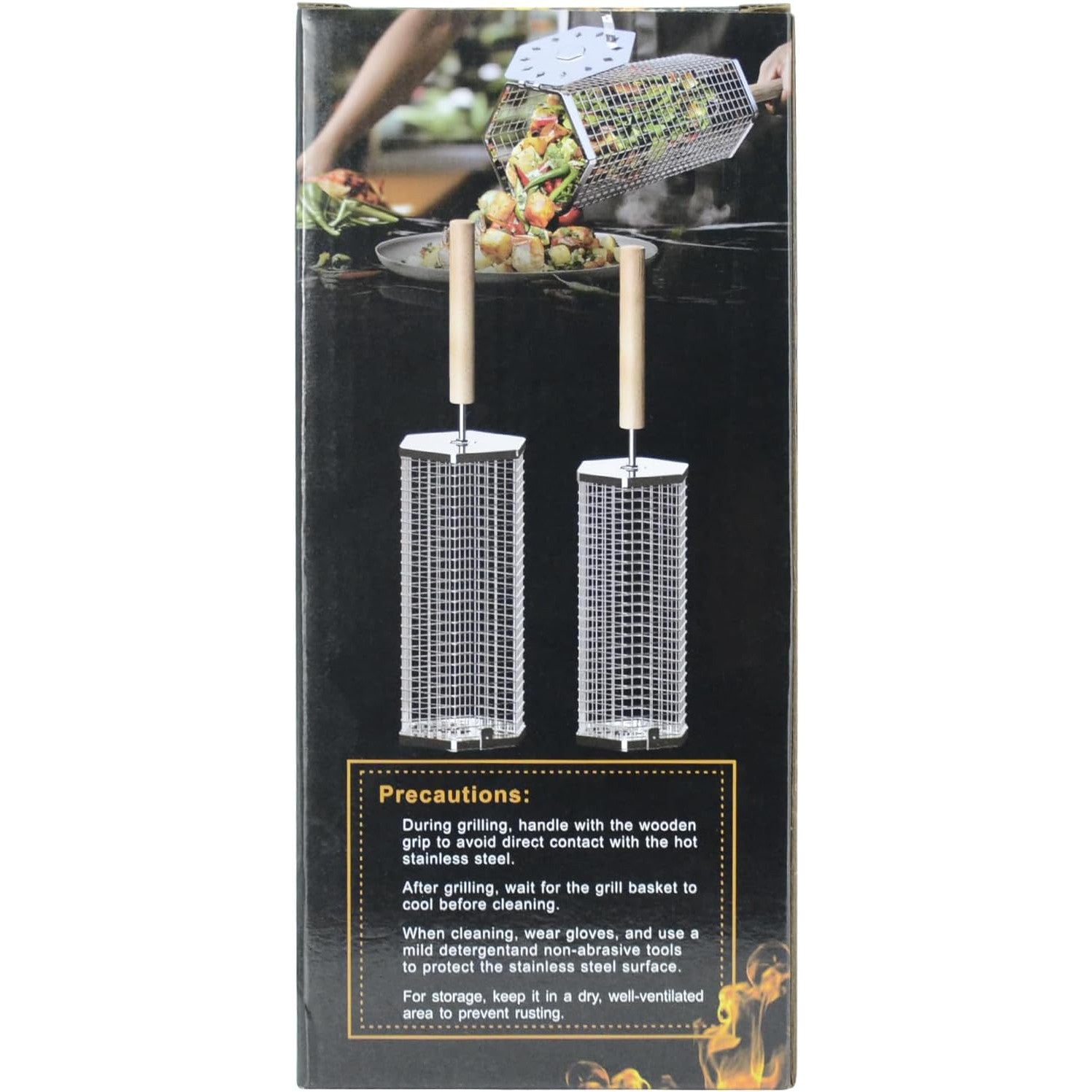 Rolling Grill Basket with Removable Wooden Handle, 304 Stainless Steel Nestable Set for Vegetables and Meats