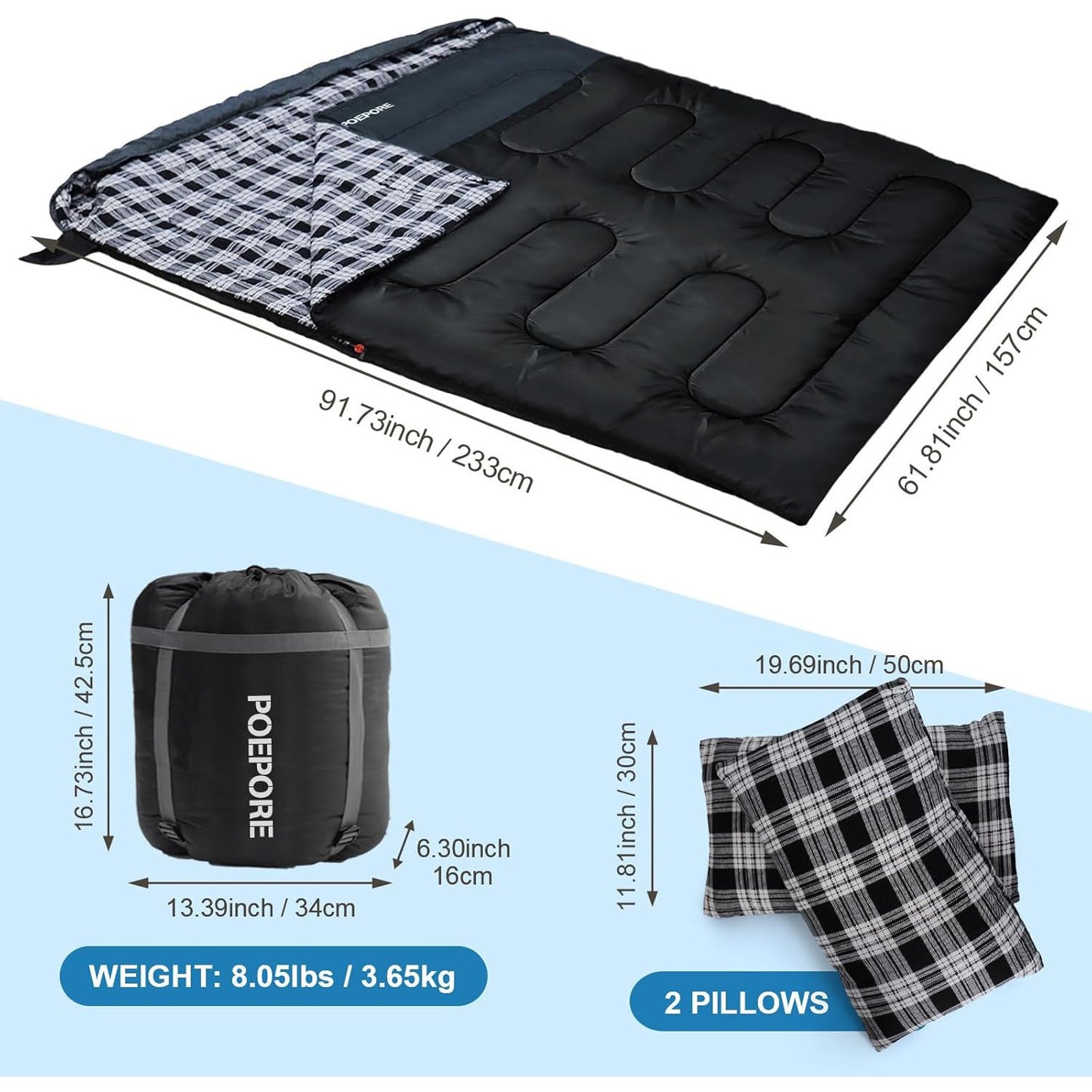 POEPORE Double Flannel Sleeping Bag for Two Adults XXL Queen Size