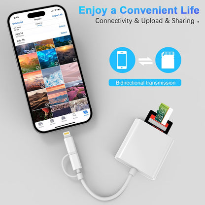 DCNETWORK SD Card Reader for iPhone iPad Dual Connector USB-C and Lightning Micro SD Memory Card Adapter 2 in 1 SD TF High-Speed Trail Camera Viewer Plug and Play