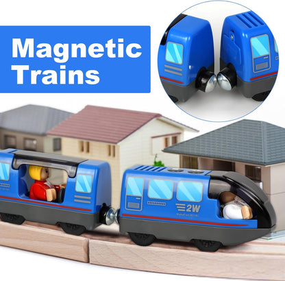 Blue Battery-Powered Electric Train for Wooden Railway Sets