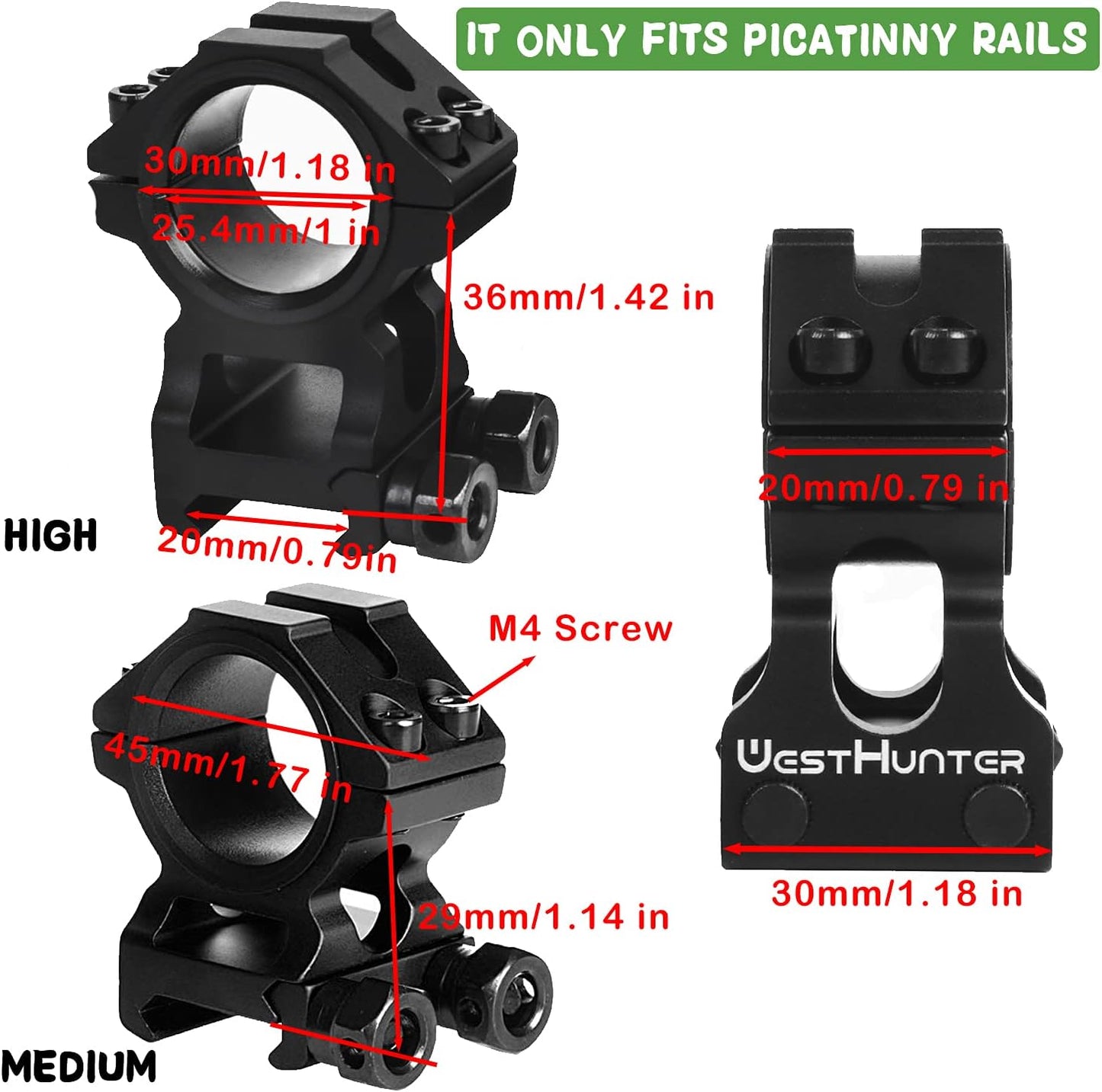 WestHunter Optics Picatinny Rifle Scope Mounting – 25.4mm & 30mm Precision Scope Rings, 36mm Center Height