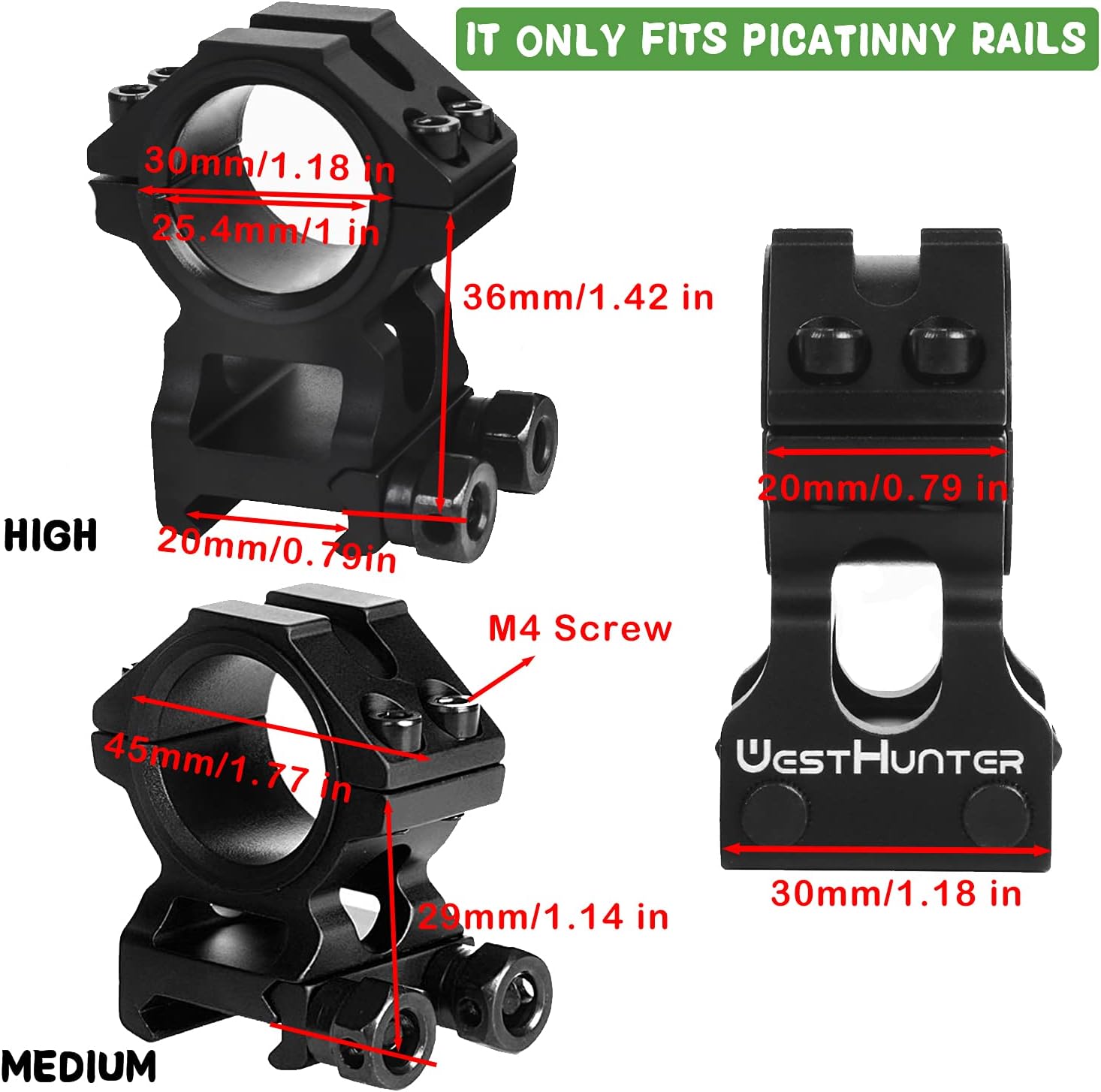 WestHunter Optics Picatinny Rifle Scope Mounting – 25.4mm & 30mm Precision Scope Rings, 36mm Center Height