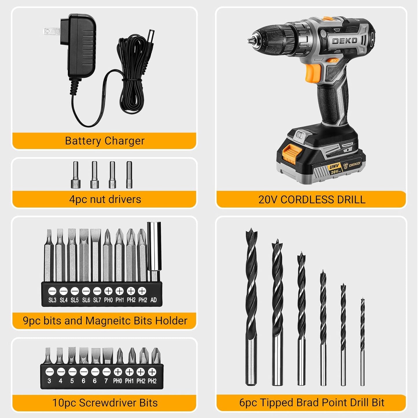 DEKOPRO 20V Cordless Drill with Battery and 10‑Bit Kit