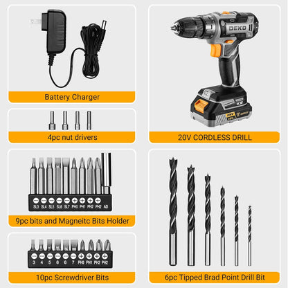 DEKOPRO 20V Cordless Drill with Battery and 10‑Bit Kit