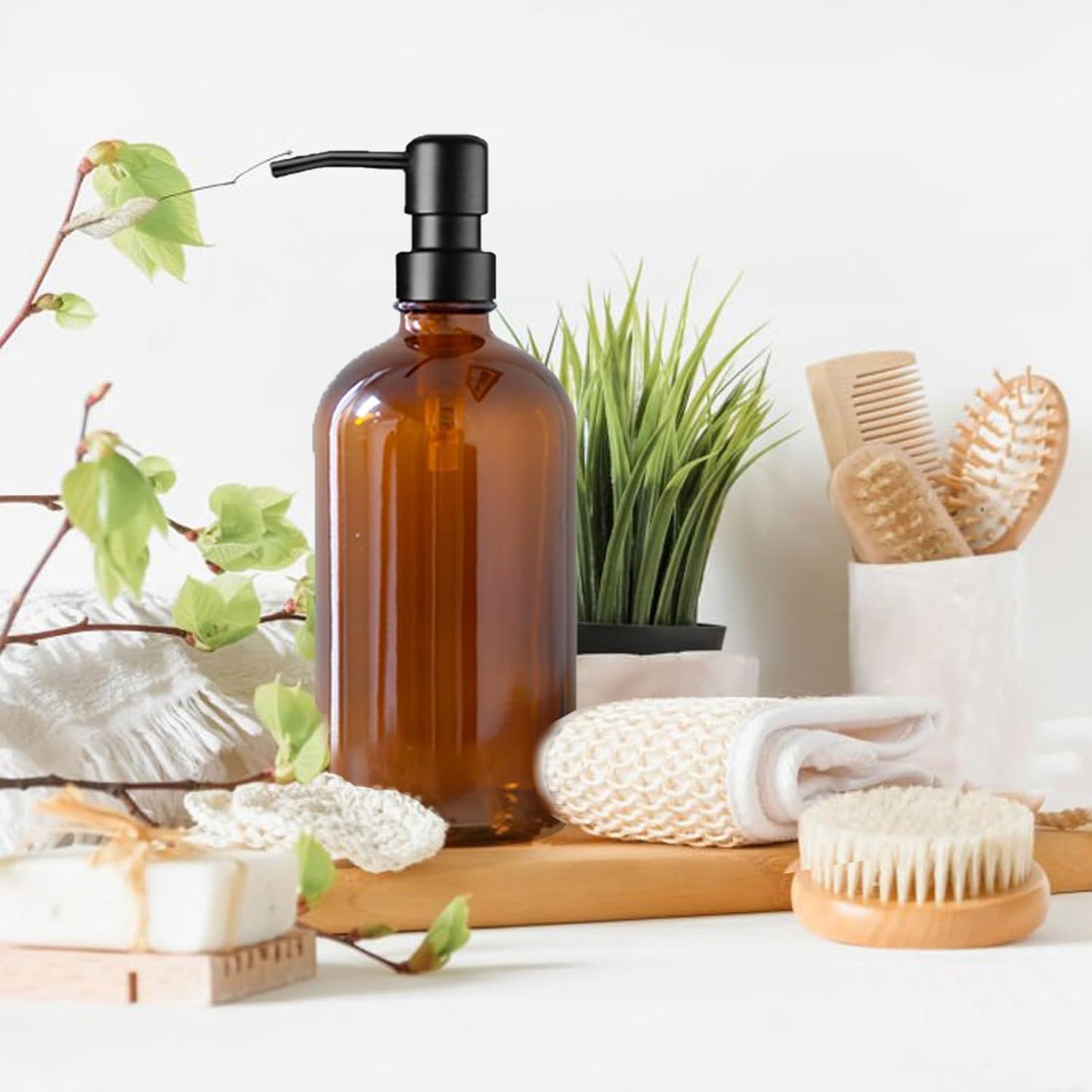 Amber Glass Soap Dispenser Set – 2 Pack 500ml Refillable