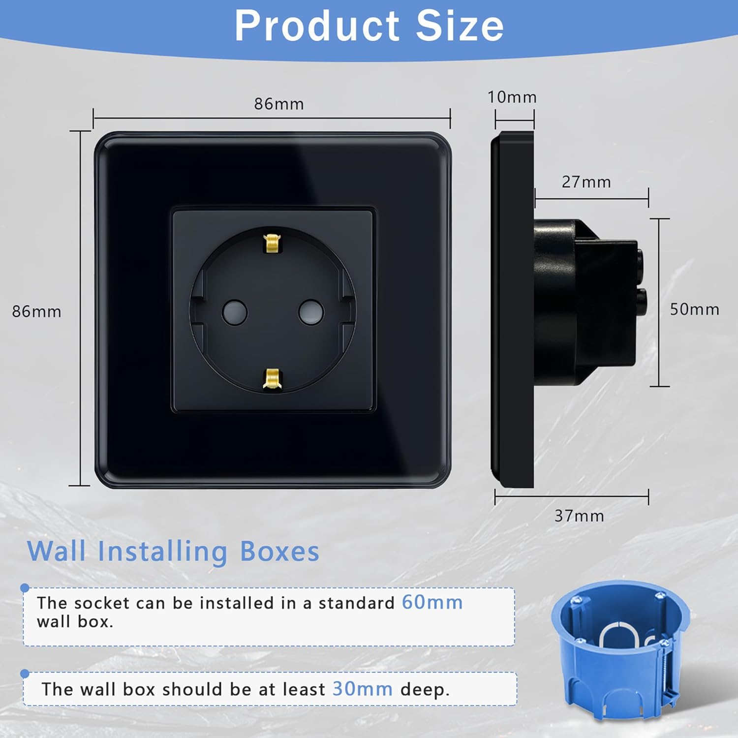 TAWOIA Premium Schuko Socket: EU Standard Single Flush-Mounted Wall Outlet with Elegant Curved Glass Plate