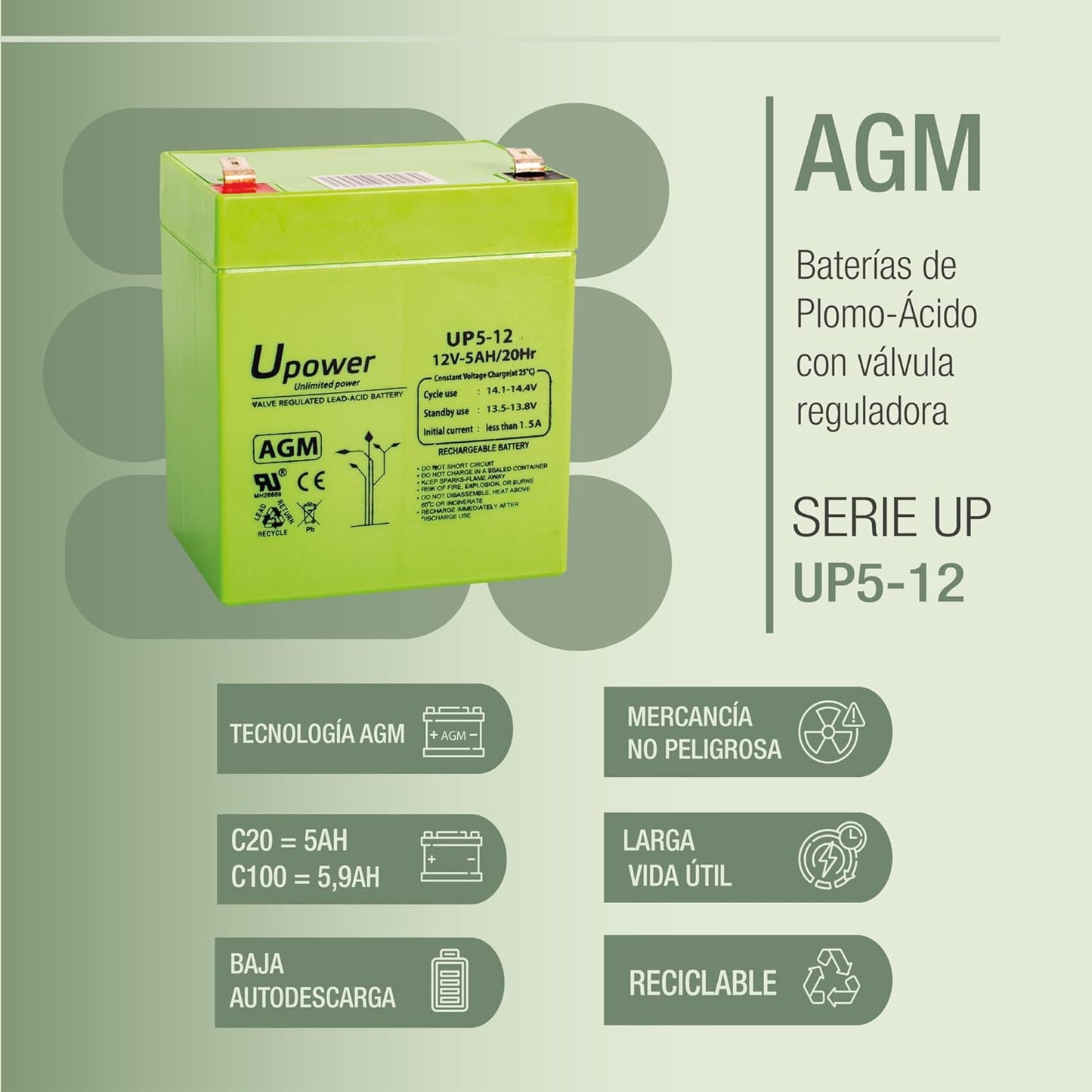 U-Power 12V 5Ah AGM Sealed Rechargeable Battery for UPS