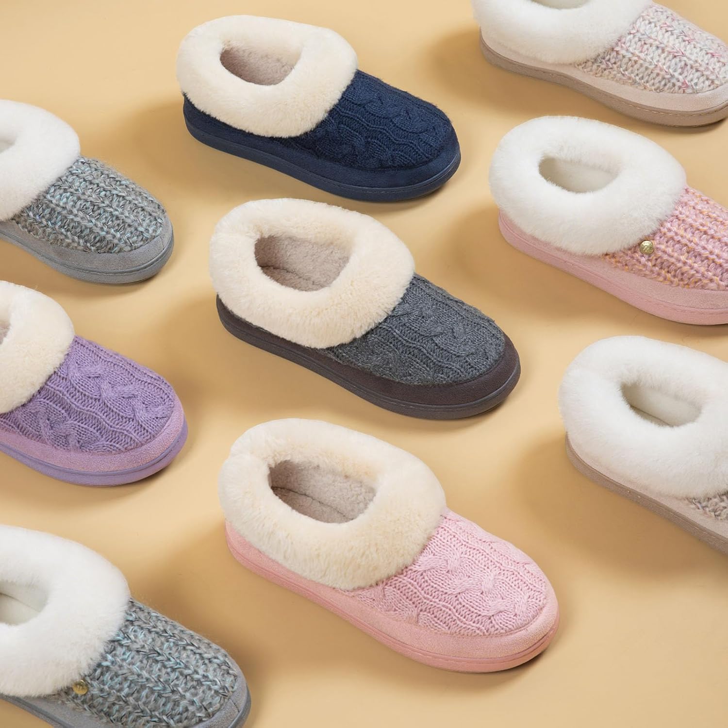 HomeTop Women's Cozy Cable Knit Memory Foam Slippers with Fuzzy Plush Collar