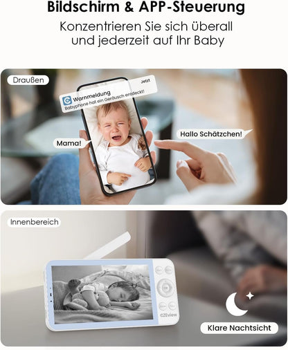 CZEview BM6 2K Baby Monitor with 4X Zoom, 5.5" HD WiFi Display, Night Vision, 2‑Way Talk & Colourful Night Light