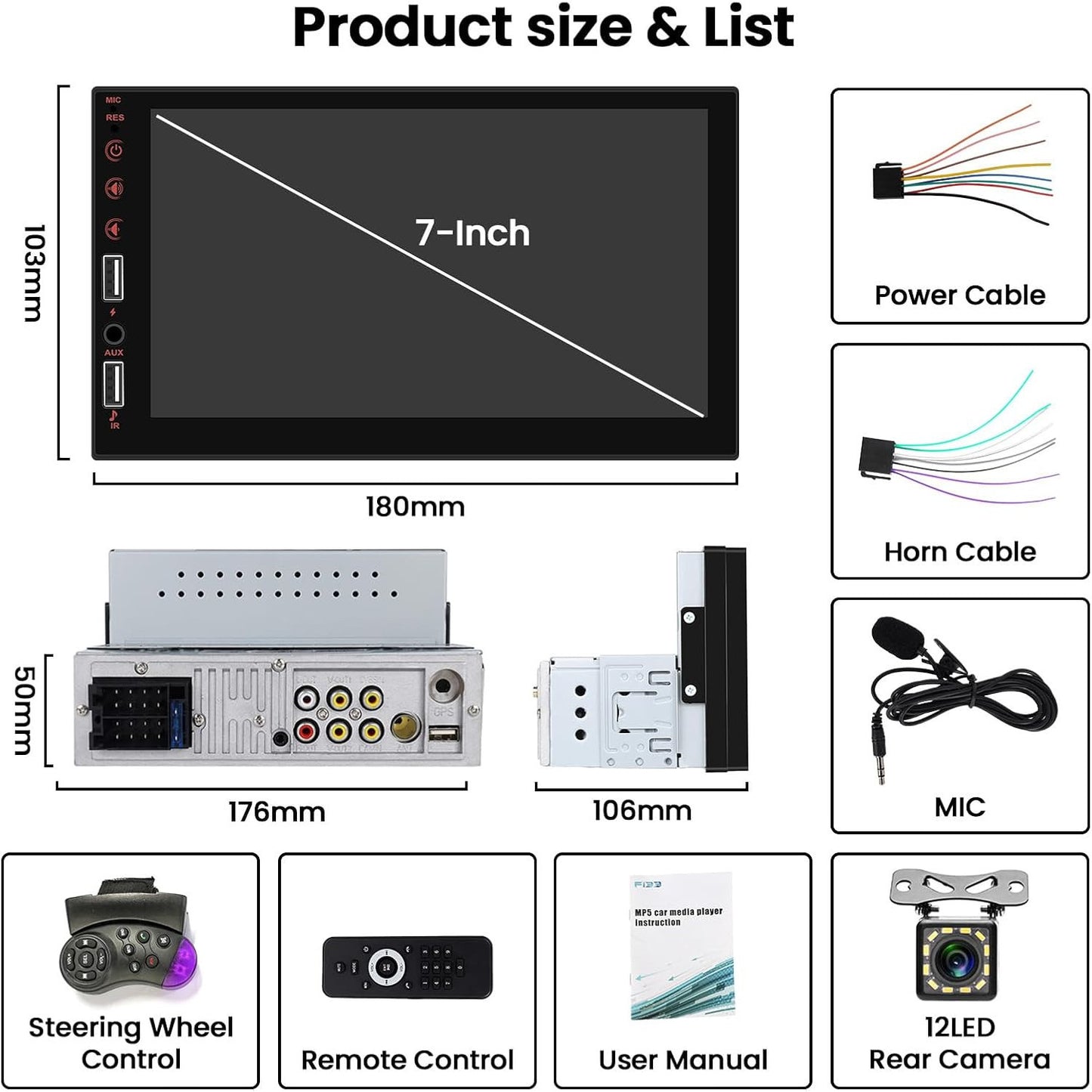 Hikity 7‑Inch 1‑DIN CarPlay Android Bluetooth Touch Radio with Camera