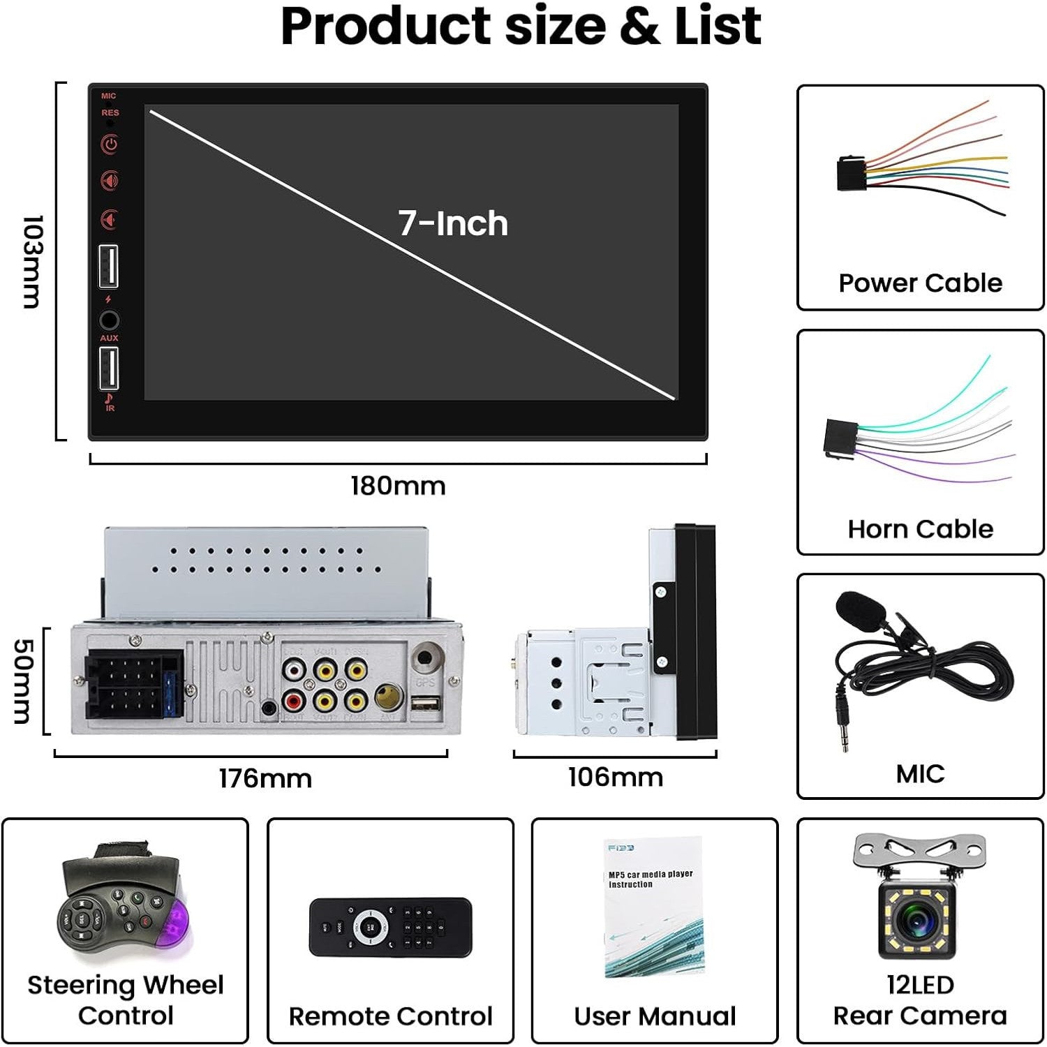 Hikity 7‑Inch 1‑DIN CarPlay Android Bluetooth Touch Radio with Camera