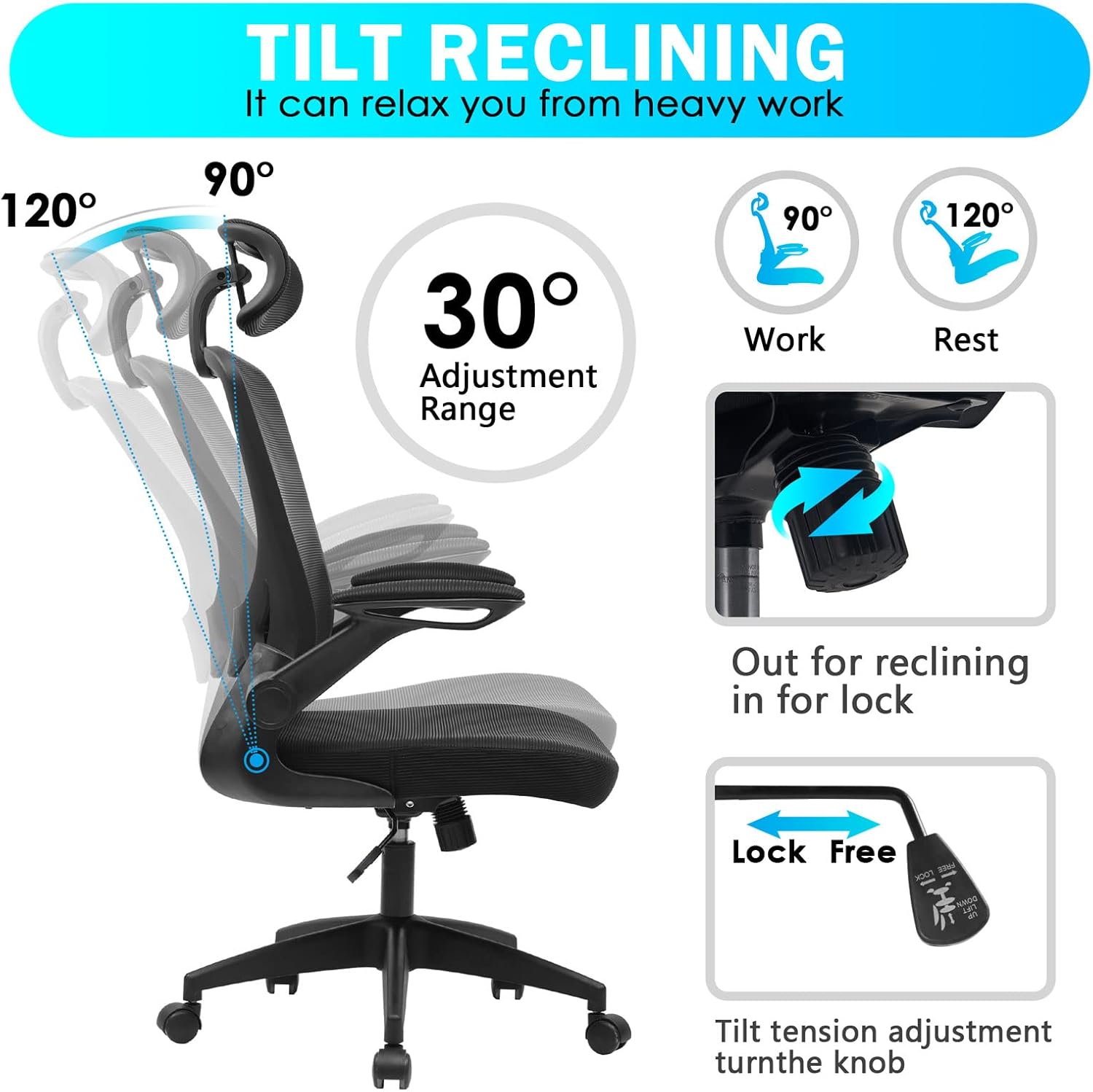 KERDOM Ergonomic Mesh Office Chair with Adjustable Lumbar, Flip‑Up Arms