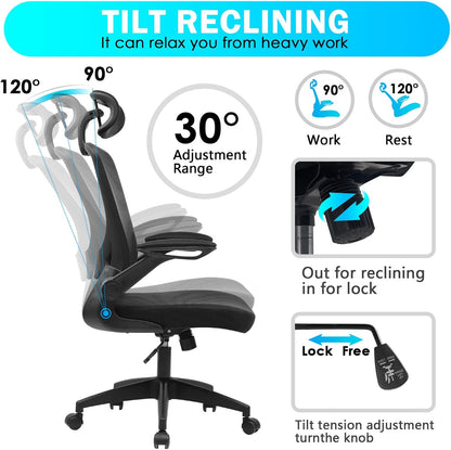 KERDOM Ergonomic Mesh Office Chair with Adjustable Lumbar, Flip‑Up Arms