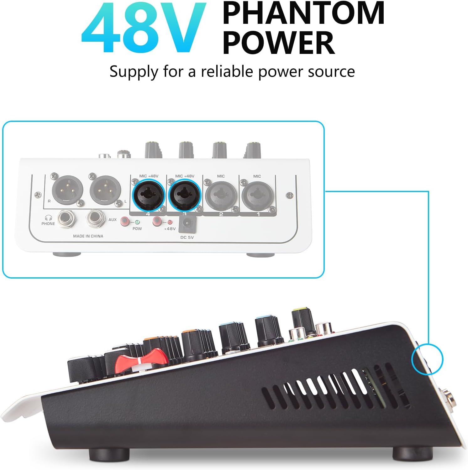 Boeska 6-Channel DJ Mixer with USB, Bluetooth, 48V Phantom Power