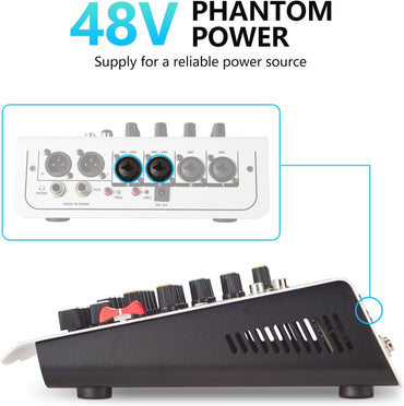 Boeska 6-Channel DJ Mixer with USB, Bluetooth, 48V Phantom Power