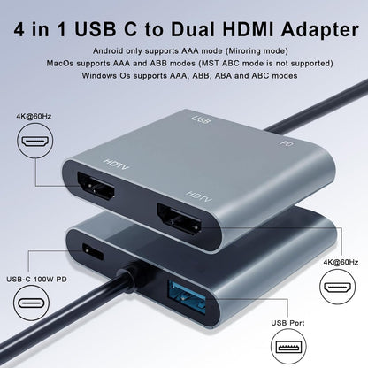 Luonanava USB-C auf Dual HDMI Adapter 4K@60Hz 4-in-1 Hub mit 100W PD und USB 3.0 Grau