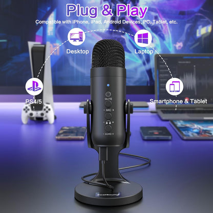 ZealSound K66 USB Condenser Microphone with Adjustable Gain, 360° Rotatable
