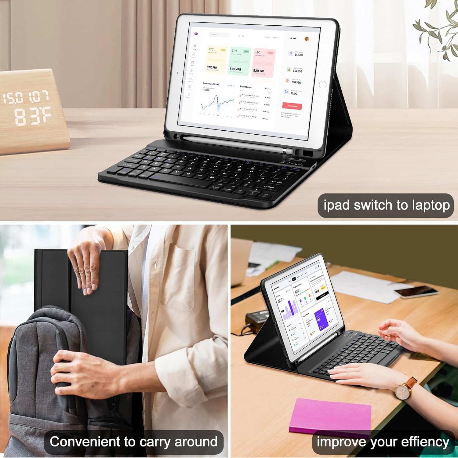 IVEOPPE Detachable Keyboard Case for iPad 10.2‑inch – Black, Lightweight, Backlit