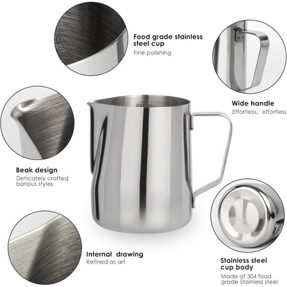 Stainless steel cup with beak design, wide handle, and food grade material on a white background.