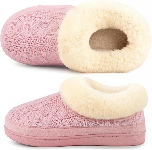 HomeTop Women's Cozy Cable Knit Memory Foam Slippers with Fuzzy Plush Collar