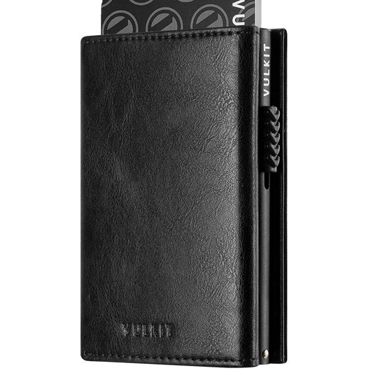 VULKIT Slim RFID Blocking Leather Pop-Up Wallet with Banknote & ID Window